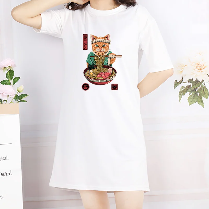 

Summer Dress Mini Women Loose Japanese Cat Print T-Shirt Dresses Korean Short Sleeve Casual Streetwear Pullover Dress
