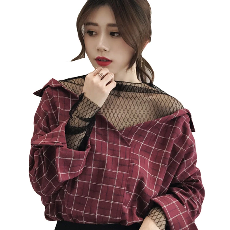 

2020 Plaid Shirts Women Top And Blouses Long Sleeve mesh stitching Ladies Casual Blusas Loose Female Checked Shirt