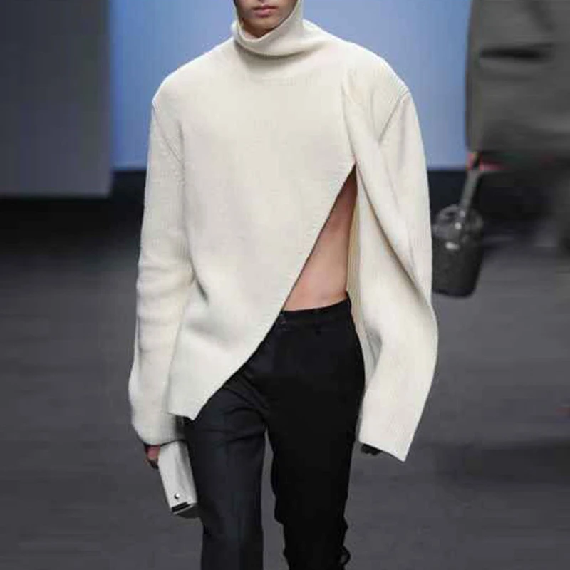 

Простая однотонная водолазка, модная Асимметричная уличная одежда с разрезом, мужские весенние Повседневные вязаные топы с длинным рукаво...