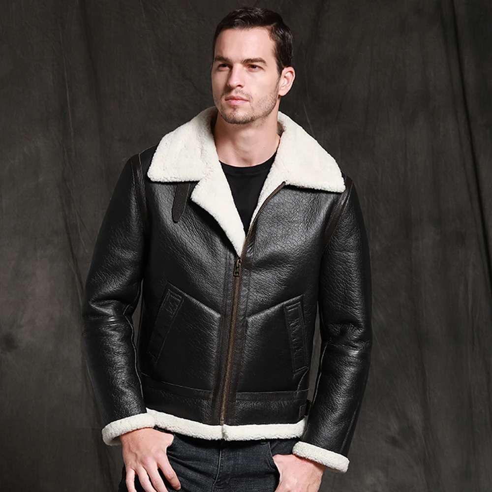 Мужская короткая куртка из натуральной кожи SANI черная утепленная овчины с мехом