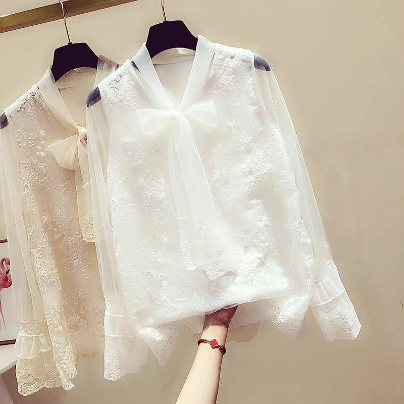 Lace Blouse Top White Shirt Women Long Sleeve Haut Femme Elegant Korean Fashion Clothing Puff Sleeve Ladies Casual