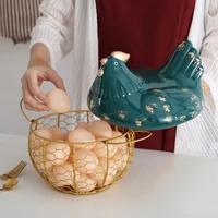 metal wire basket with ceramic hens cover fruit basket egg holder decorative kitchen storage baskets for household item