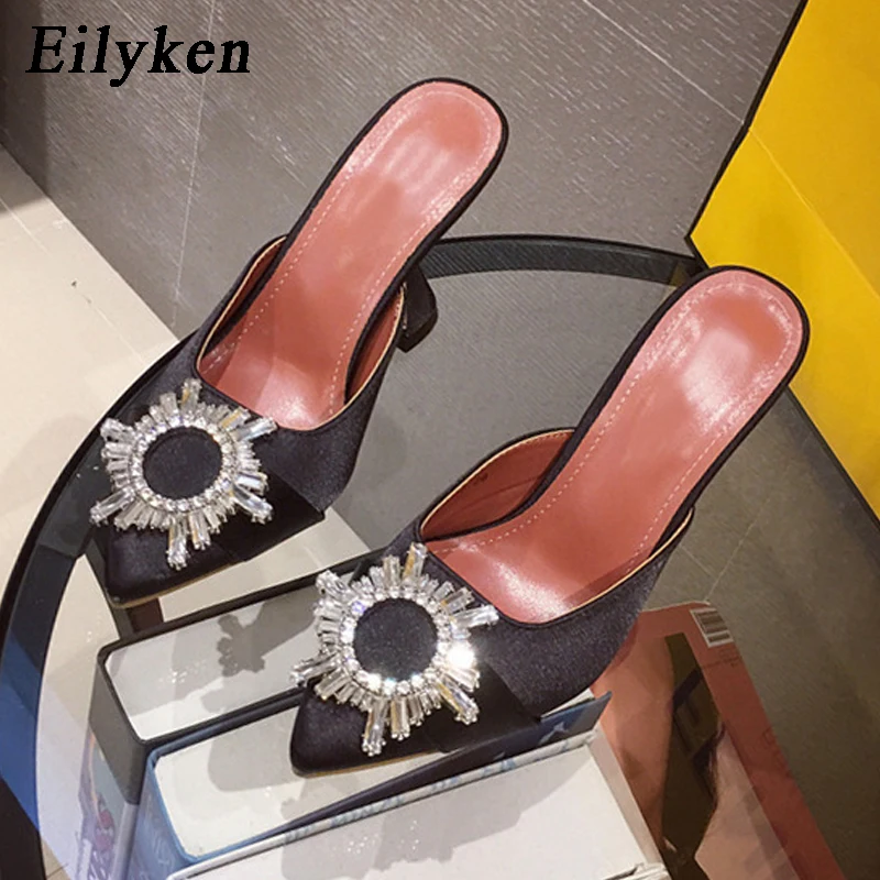 

Eilyken 2020 Sun Flower Crystal Fashion Women Pumps Sexy Rhinestone Spike High Heels Party Silk Pointed Toe Mules Slippers