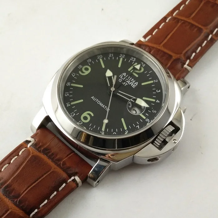 Parnis запасная мощность часы 44 мм GMT автоматический ход для мужчин t нержавеющая сталь полированная мужские часы Высокое качество кожаный ремешок - Цвет: Многоцветный