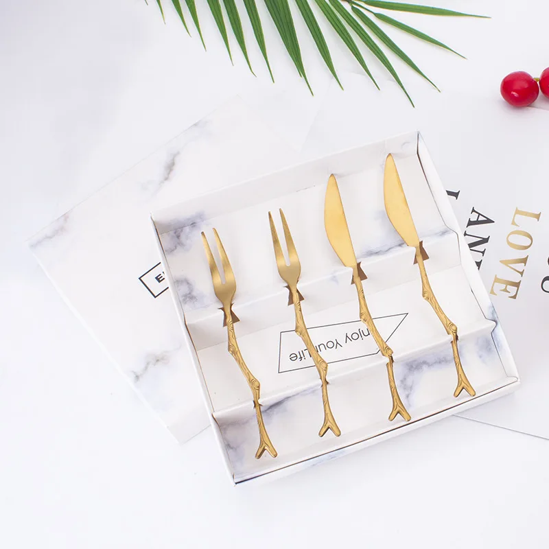 Творческие особенности нержавеющая сталь лист вилка ложка маленький золотой