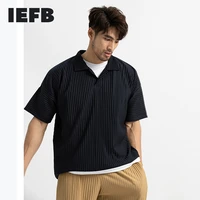 iefb mens wear japanese stretch fabric thin style loose pleated tops lapel short sleeve polo shirts for male 9y3049 new jm030