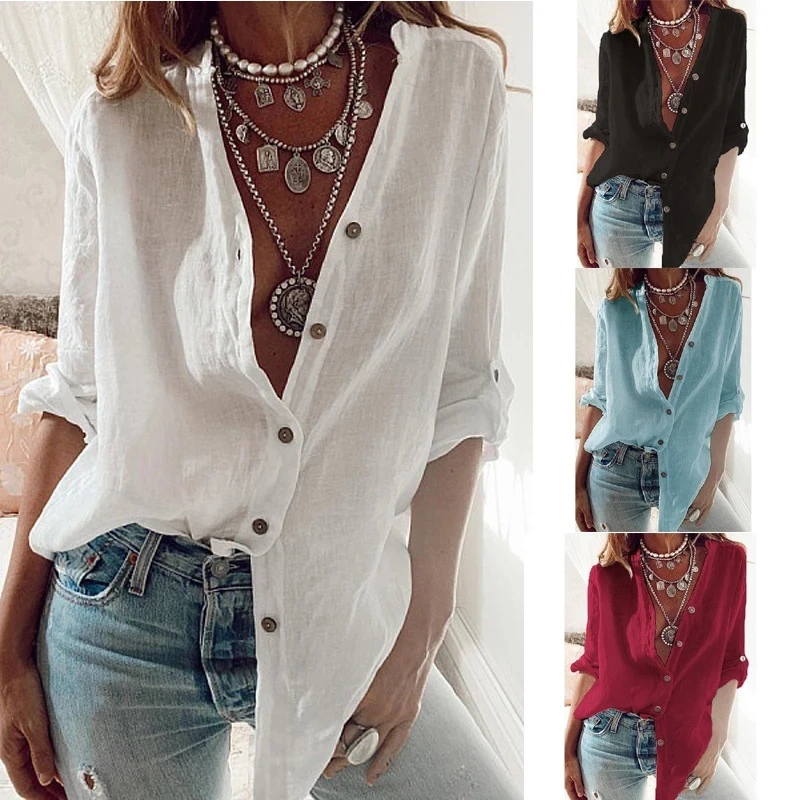 

New Autumn Fashion Women Shirts White Casual Loose Tops Solid Color Cotton Rollable Sleeve V-neck Blouses Blusas S-5XL Plus Size