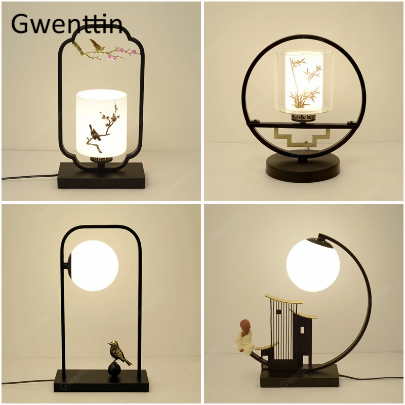 Настольная лампа в китайском стиле винтажная черная железная для гостиной