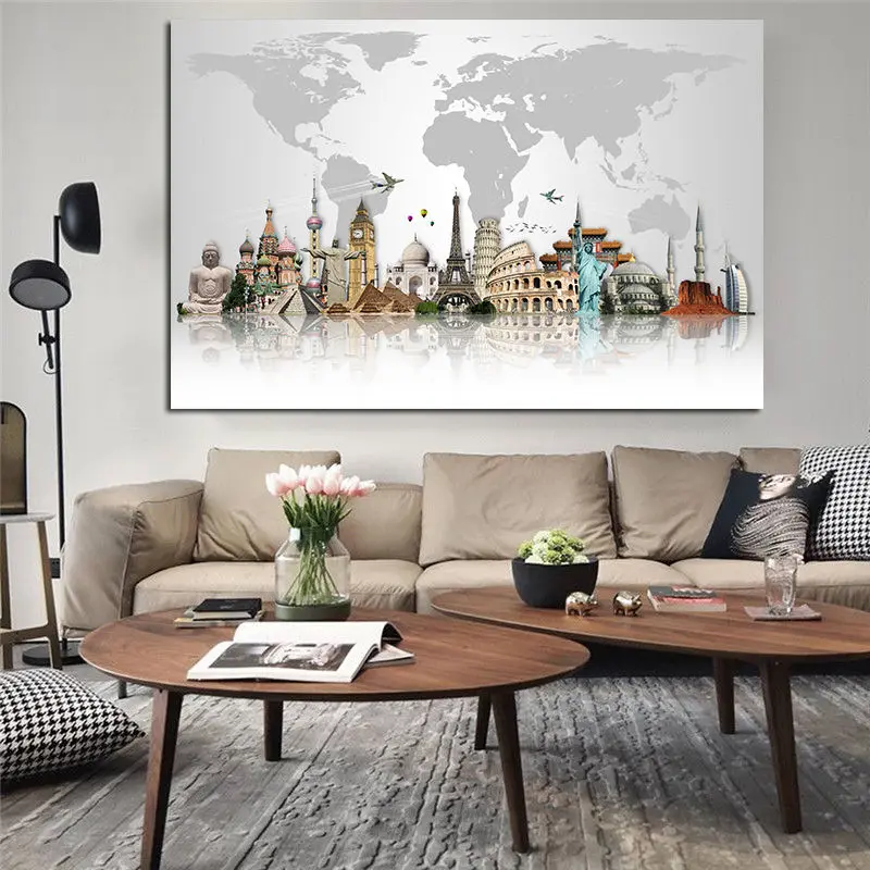 

World Famous Building Art Posters And Prints World Tourist Attraction Map Canvas Painting Modern Wall Art Pictures Home Decor