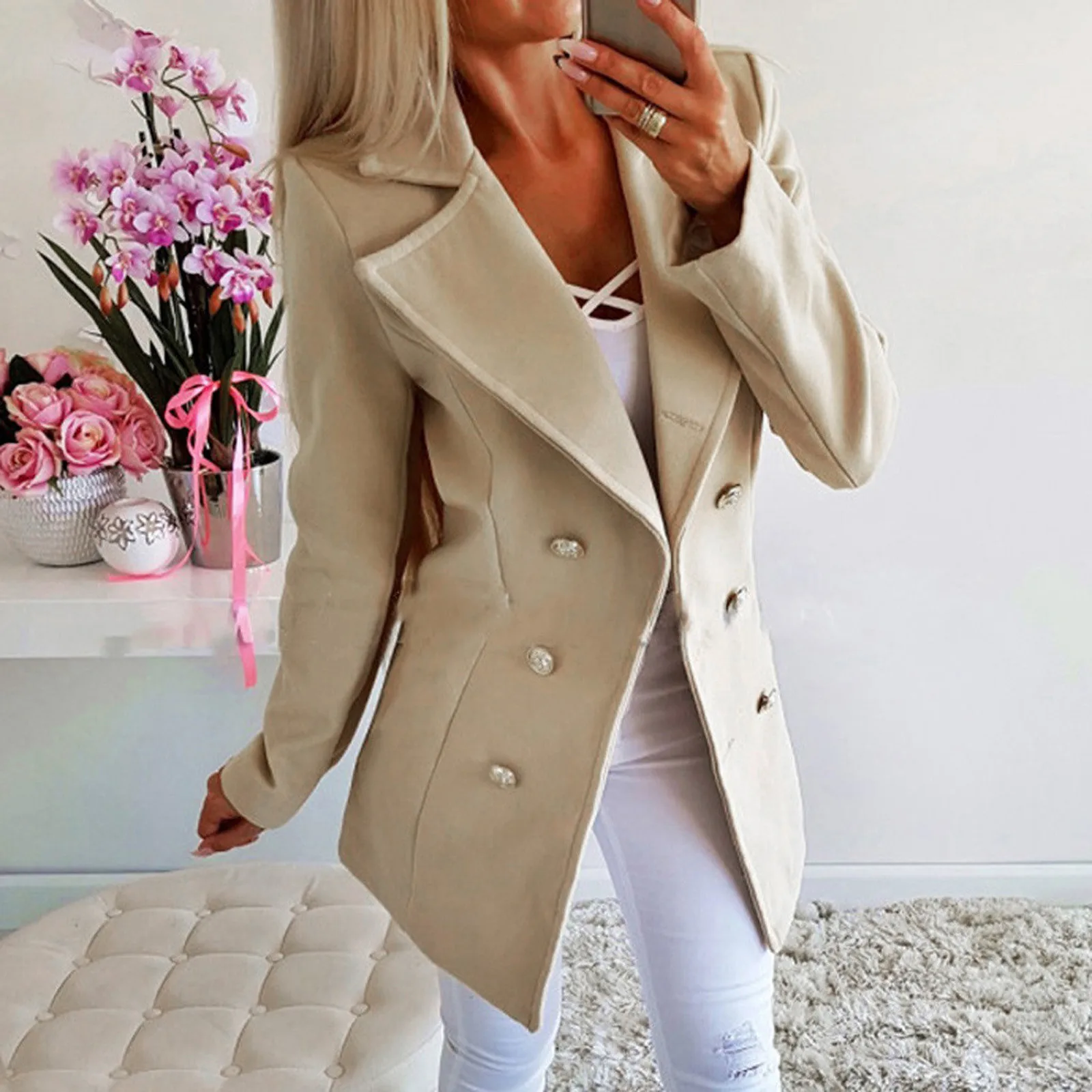 

Women Blazer Double Breasted Blazer Coat Fashion Slim Long Sleeve Elegant Suit Jacket Office Ladies Blazer Plus Size#f35