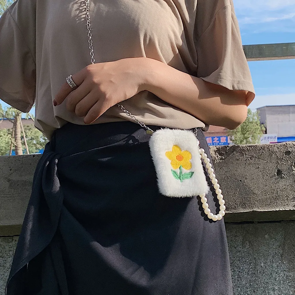 Маленькая модная женская косметичка с милым цветком плюшевой жемчужной цепочкой