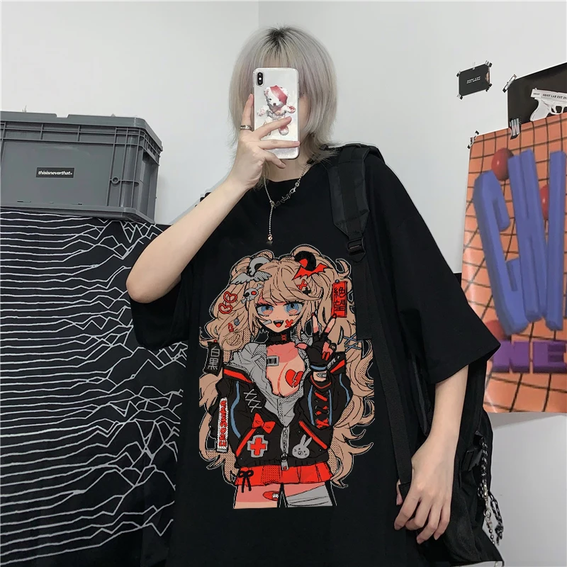 

Anime Cartoon Tshirt Women Clothes Gothic Tshirts Japan Vintage Streetwear Print Loose Tops Korean Summer Black Tees