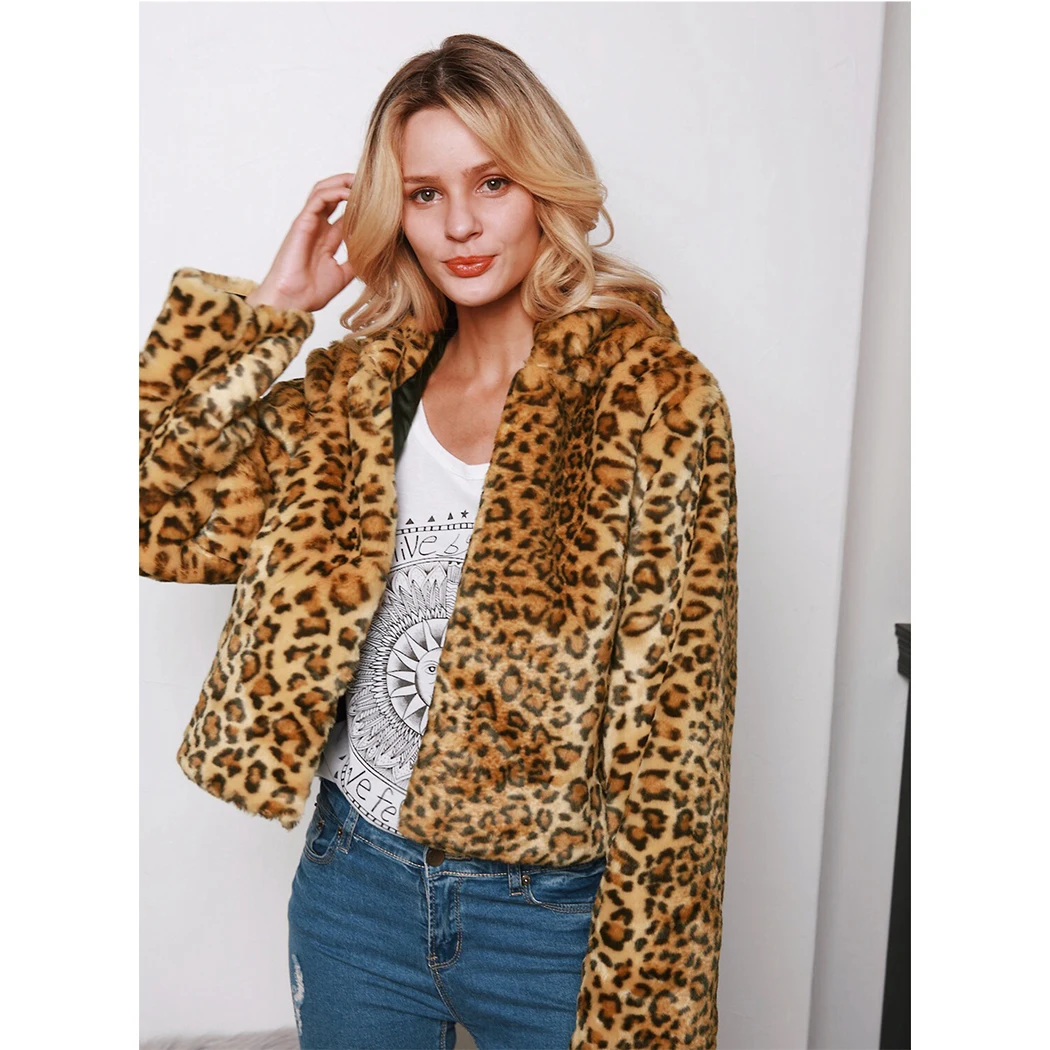 Зимнее утепленное леопардовое пальто из искусственного меха 2019 модное женское с