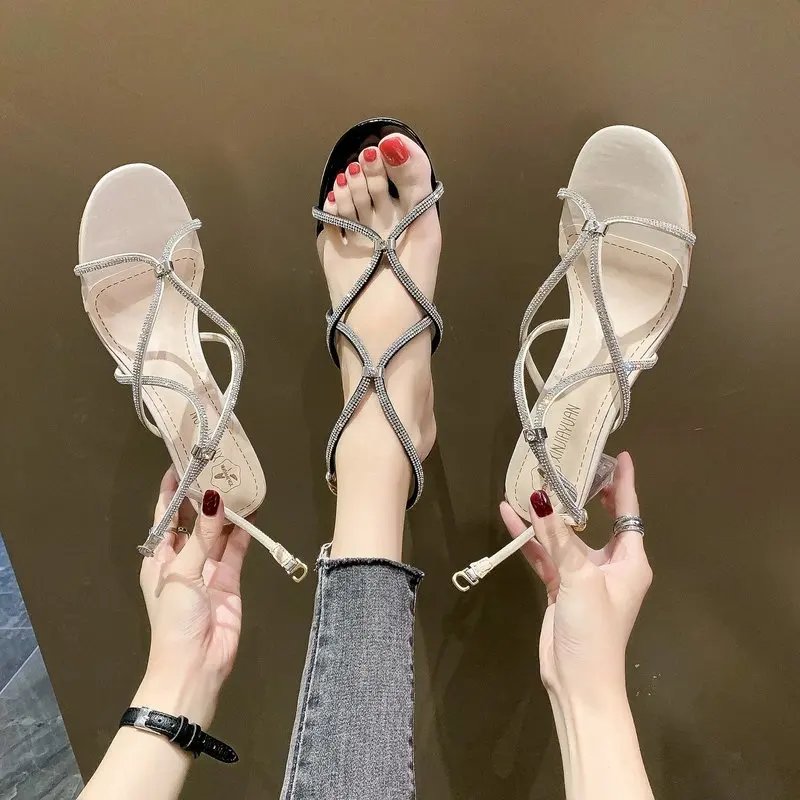 

2021 Sandals Comfort Shoes for Women Block Heels Open Toe Suit Female Beige All-Match New Chunky Fashion Rhinestone Peep Black H