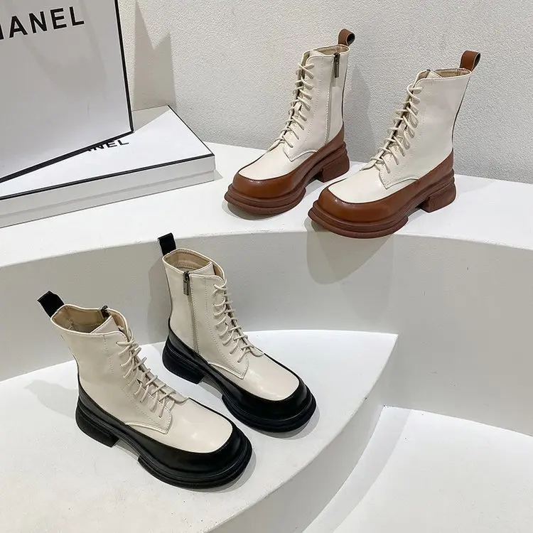

2021 New Winter Women's Ankle Boots Thick-soled Round Toe Heel Laces and Zippers Fashion Padded Retro Women's Boots Botas Mujer