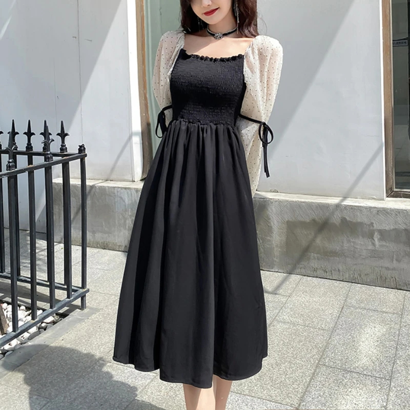 

French Vintage Fairy Dot Dress Women Lace Patchwork Elegant Princess Black Dress 2021 Autumn Korean Sweet One Piece Dress Party