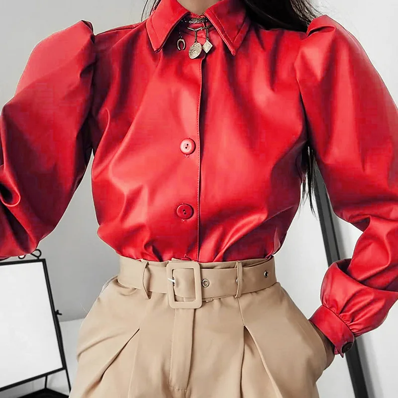 

New Sexy PU Leather Bubble Long Sleeve top Women Shirt Spring Autumn Vintage Shirt Ladies Casual Fashion Turn-down Collar
