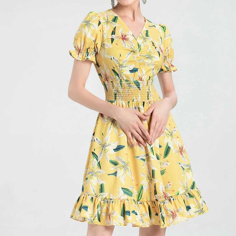 

2021 Summer New Style Bohemian Print Flower Retro Flared Sleeve Elastic Slim Temperament Dress High Quality Women'S Clothing