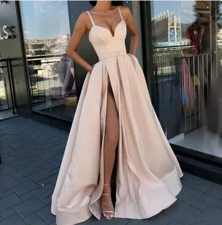 

2020 Plus size Evening Dress with High Slit prom Satin Royal Blue Spaghetti Straps Sweetheart sexy for evening prom party gowns