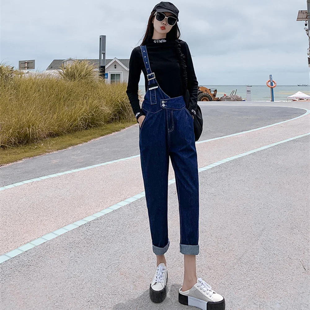 

Autumn 2021 Fashion Casual Womens Jumpsuit Solid Color Korean Fashion Irregular One Shoulder Broad Leg Strap Jeans