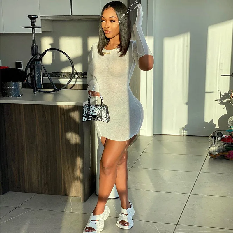 

Sexy Women's Mini Dresses Solid Color Round Neck Split Long Sleeve Sexy Casual Dress Hollow Short Dress Lady Club Party Vestido