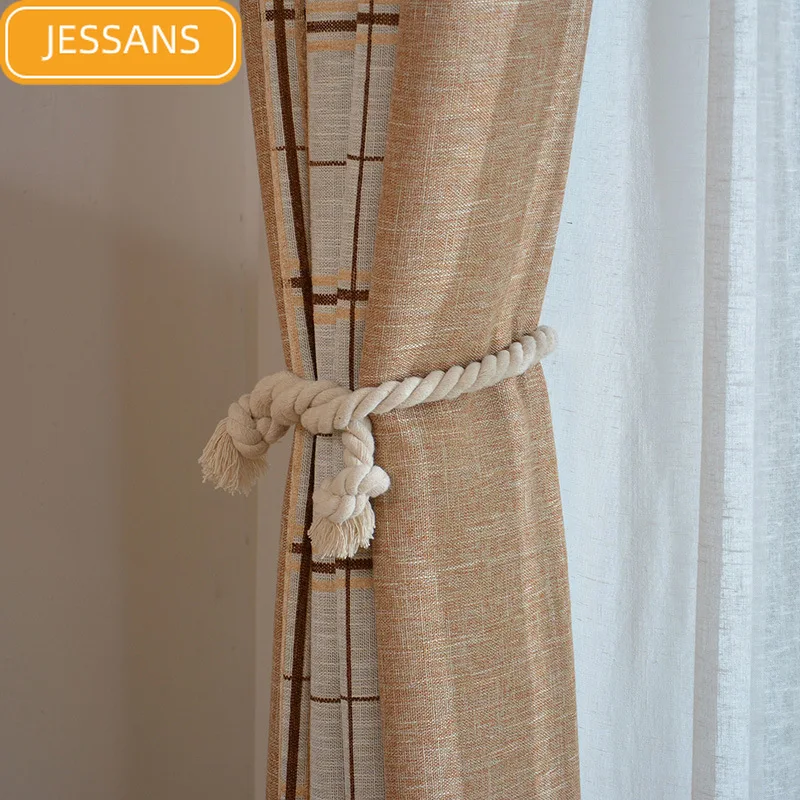 

Modern Simple Flax Lattice Monochromatic Stitching Shading Curtains for Living Dining Room Bedroom.