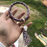 new pu leather o shaped bracelet keychains circle cute long tassel wristlet keychain for women girls leopard keyring accessories