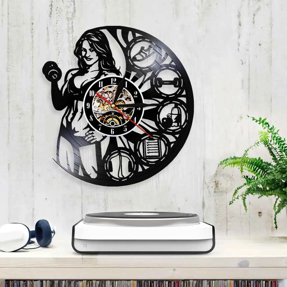 Женские настенные часы с виниловой пластиной для бодибилдинга и тяжелой