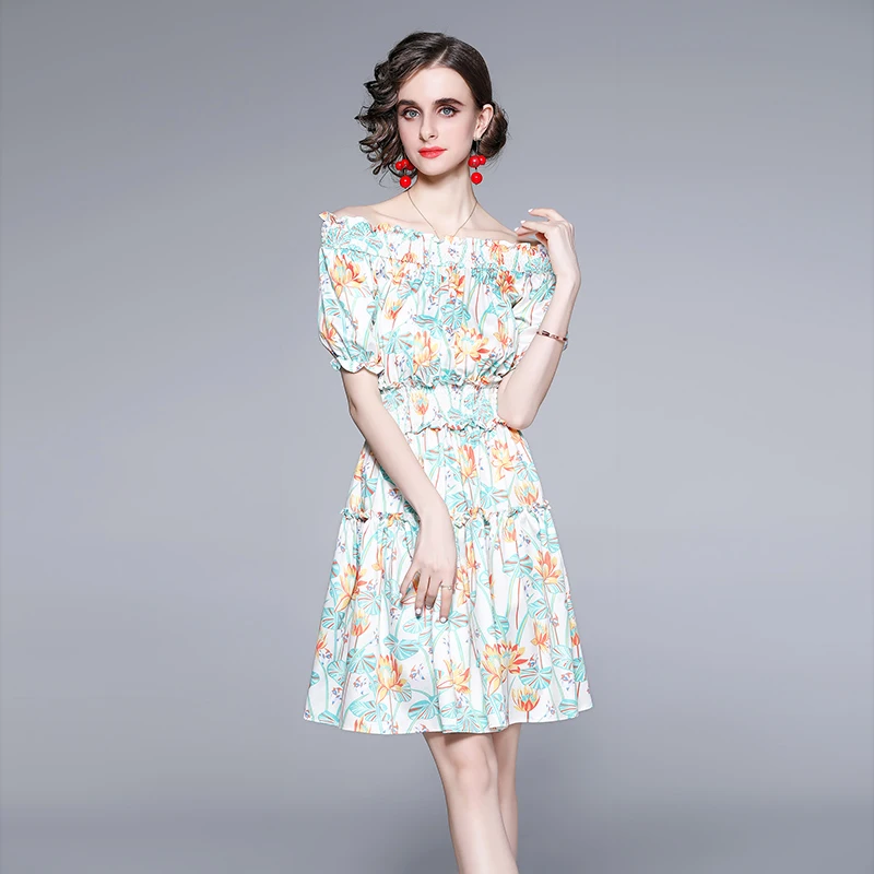 

Summer Runway Holiday Floral Mini Dress Women Off Shoulder Slash Neck Floral Print Ruffles Elastic Waist Beach Short Dress