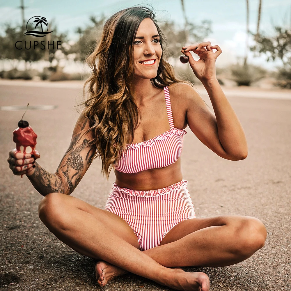 Женский купальник бикини CUPSHE в красную и белую полоску с высокой талией из двух