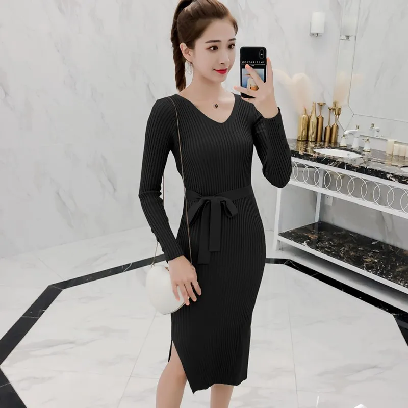 2019 осенне-зимнее женское платье-свитер эластичное Повседневное трикотажное
