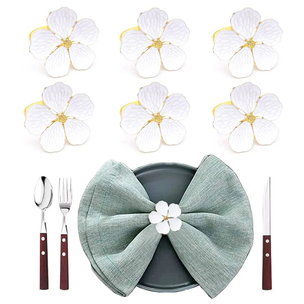 6/12pcs White Flower Napkin Rings Elegant Dining Decor for Wedding Christmas Party Banquet Family Dinner Decoration