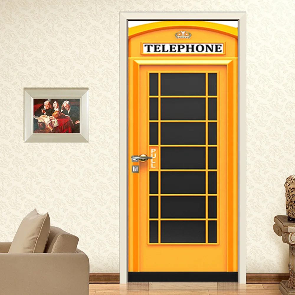 

Creative 3D Door Stickers Yellow Telephone Booth Stickers Bedroom Study Bathroom Door Concealer Renovation Wall Stickers