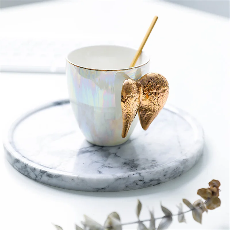 Креативная белая керамическая кофейная кружка позолоченная ручка Крылья ангела