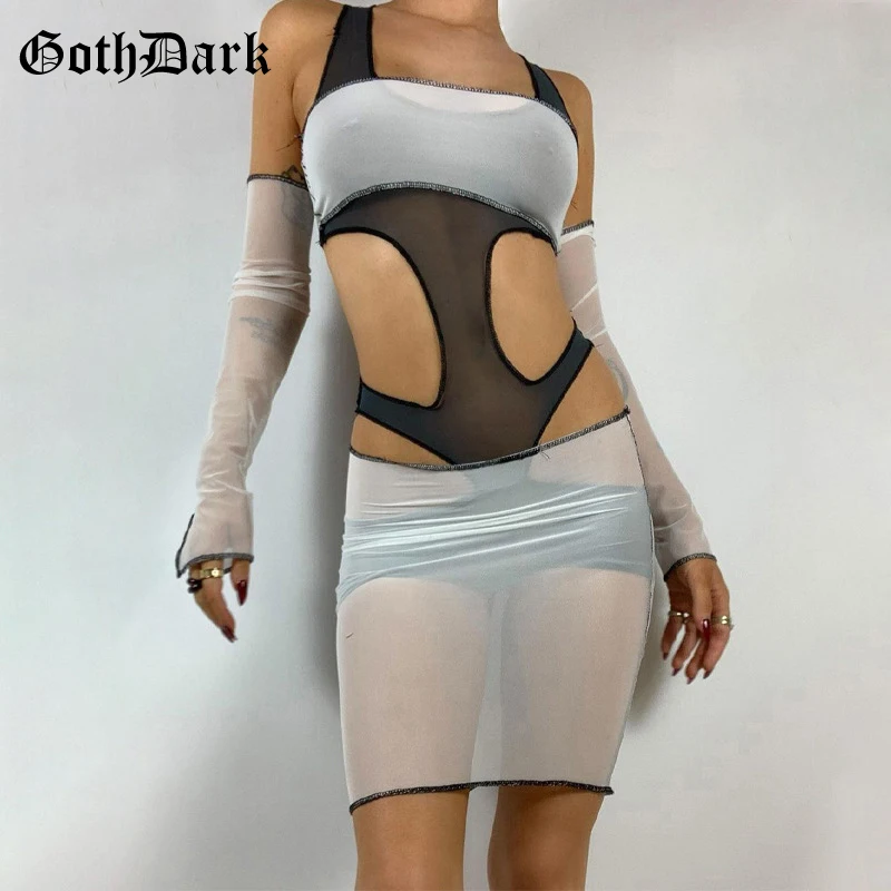 

Goth Dark Y2k Transprent Mesh Punk Women Matching Sets Sexy Cut Out With Sleeve Bodycon Bodysuits & Low Waist White Mini Skirts