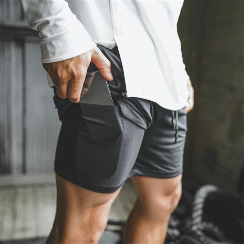 

Fashion Men Shorts Double-layer Plus Size Fitness Training Shorts Built-in Pocket Quick-drying Jogging Pants