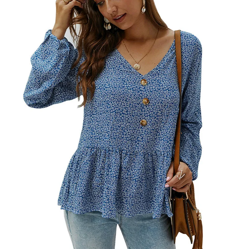 

Button Front Women Shirts Sexy V Neck Floral Women Top Blouses Lantern Sleeve Casual Blusas Tops Female Clothes Plus Sizes