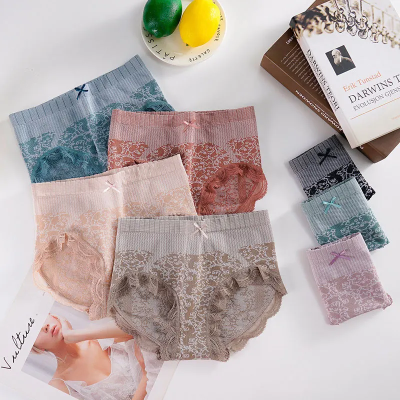 

Mid-waist sexy lace sexy underwear pure cotton breathable buttocks abdomen ladies graphene bow briefs panties