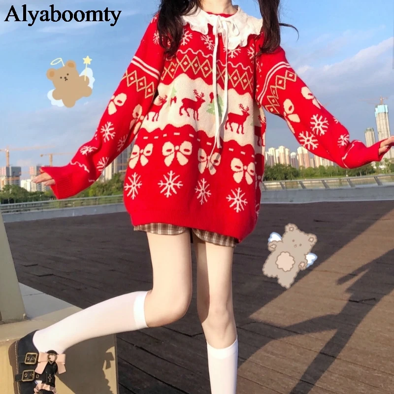 

Japanese Lolita Style Autumn Winter Women Sweater Loose Anime Cartoon Pattern Red Christmas Sweater Cute Kawaii Warm Outerwear