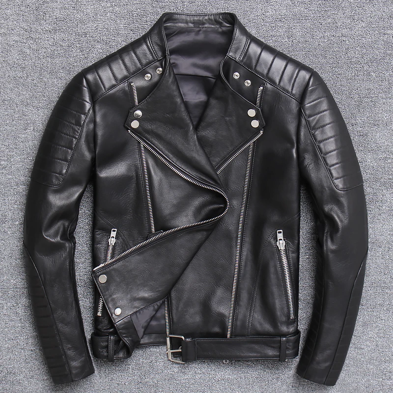 

Afunsuit Leather Men's jacket, leather motorcycle jacket, with back neck, zipper, y-003,