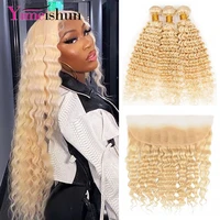 613 deep wave bundles with tansparent lace front closure blonde human hair extensions brazilian hair weave bundles with frantal