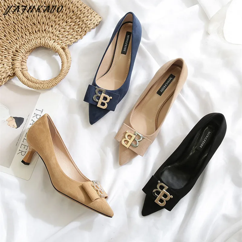 

Korean Pointed Toe Mid-Heel Women Single Shoes Fashion Office Work Shoe Metal Decoration High Heels Solid Flock Lady Pumps 5.5cm