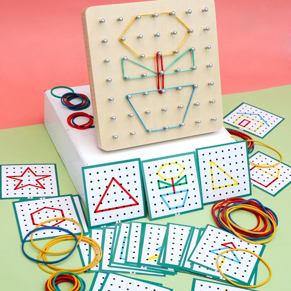 

Montessori Geometric Nail Board Creative Children Early Educational Toys DIY Graphics Rubber Tie Wooden Nails Toy