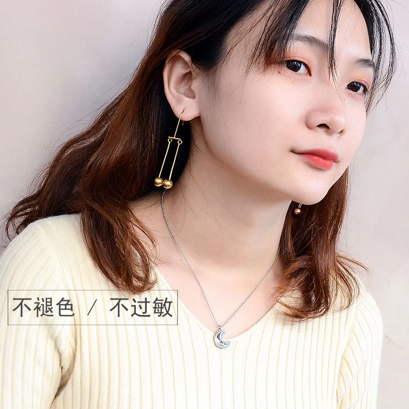 

Fashion Long Double Beads Drop Earrings for Women Vintage Jewelry Brincos 2020 New Style Gold Color Stainless Steel Ear Hook