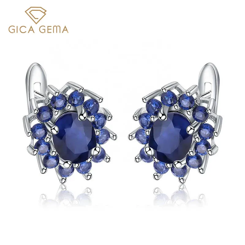 

GICA GEMA натуральный голубой сапфир, серьги со шпилькой, для женщин, 1.88ct цветы Форма Элегантные 925 стерлингового серебра обручальные ювелирные ...