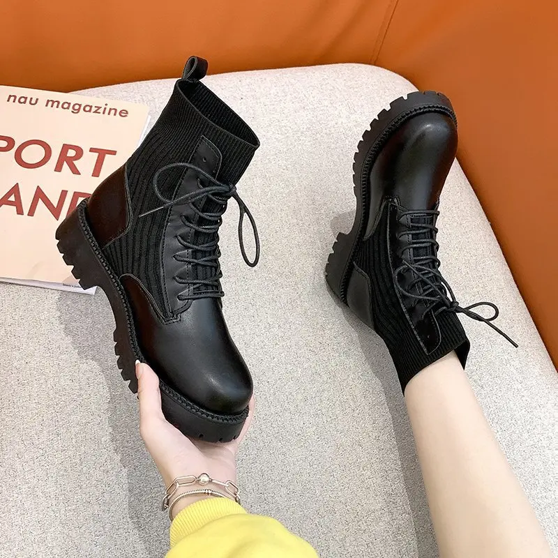 

Кожаные женские мотоциклетные ботильоны носки осень-зима на плоской платформе и каблуке зимняя женская Повседневная Классическая обувь