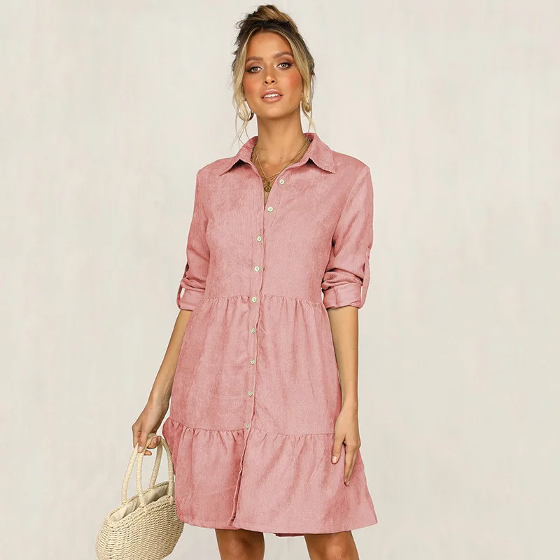 

2021 large-turn lapel single-breasted shirt women's dress with sleeves in solid color woven dress women