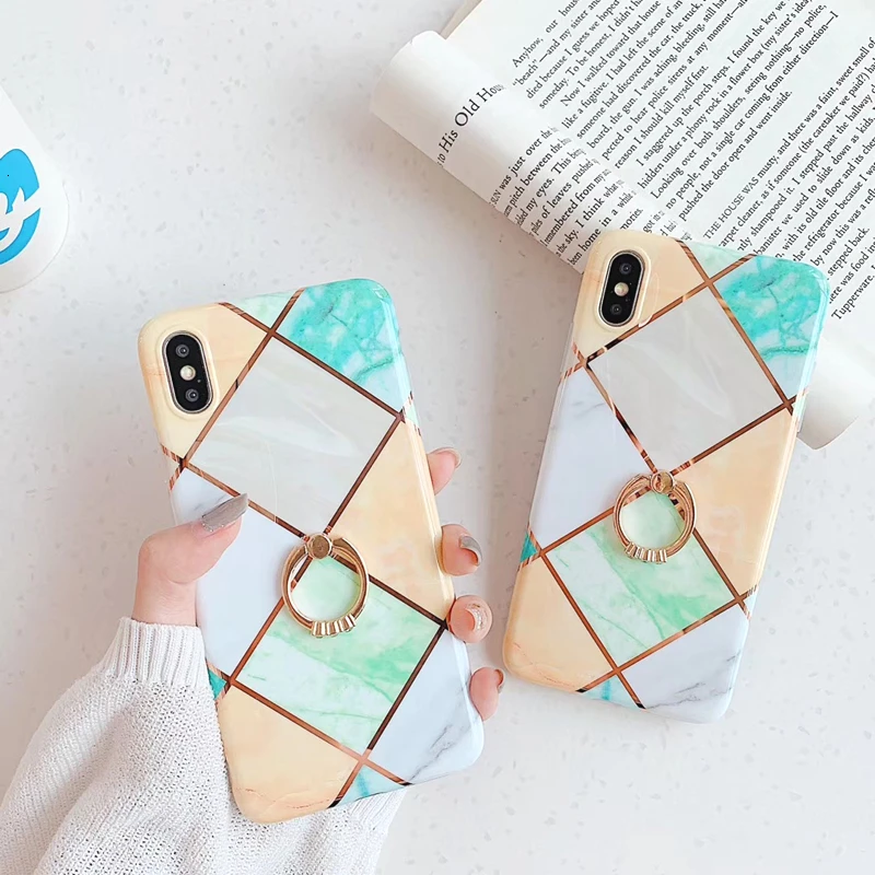 Fashion Geometric Marble+Ring bracket Phone Case For iPhone 11 pro max XR XS MAX 7 8 6 6s Plus X Electroplated Soft Cover cases |