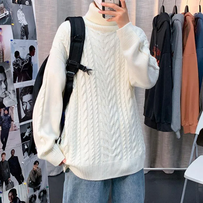 Свитер мужской вязаный осенне-зимний однотонный с высоким воротником винтажный