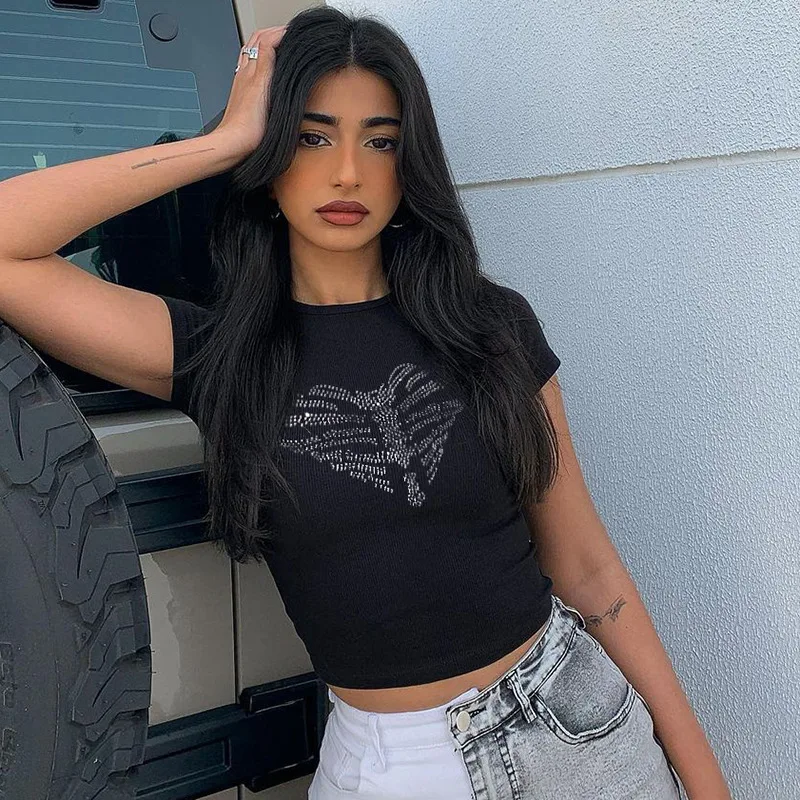 

Summer New Heart Rhine Black Top Women 2021 Tech Clothing Short Sleeve T-Shirt Gothic Aesthetic E Girl T-Shirt Harajuku